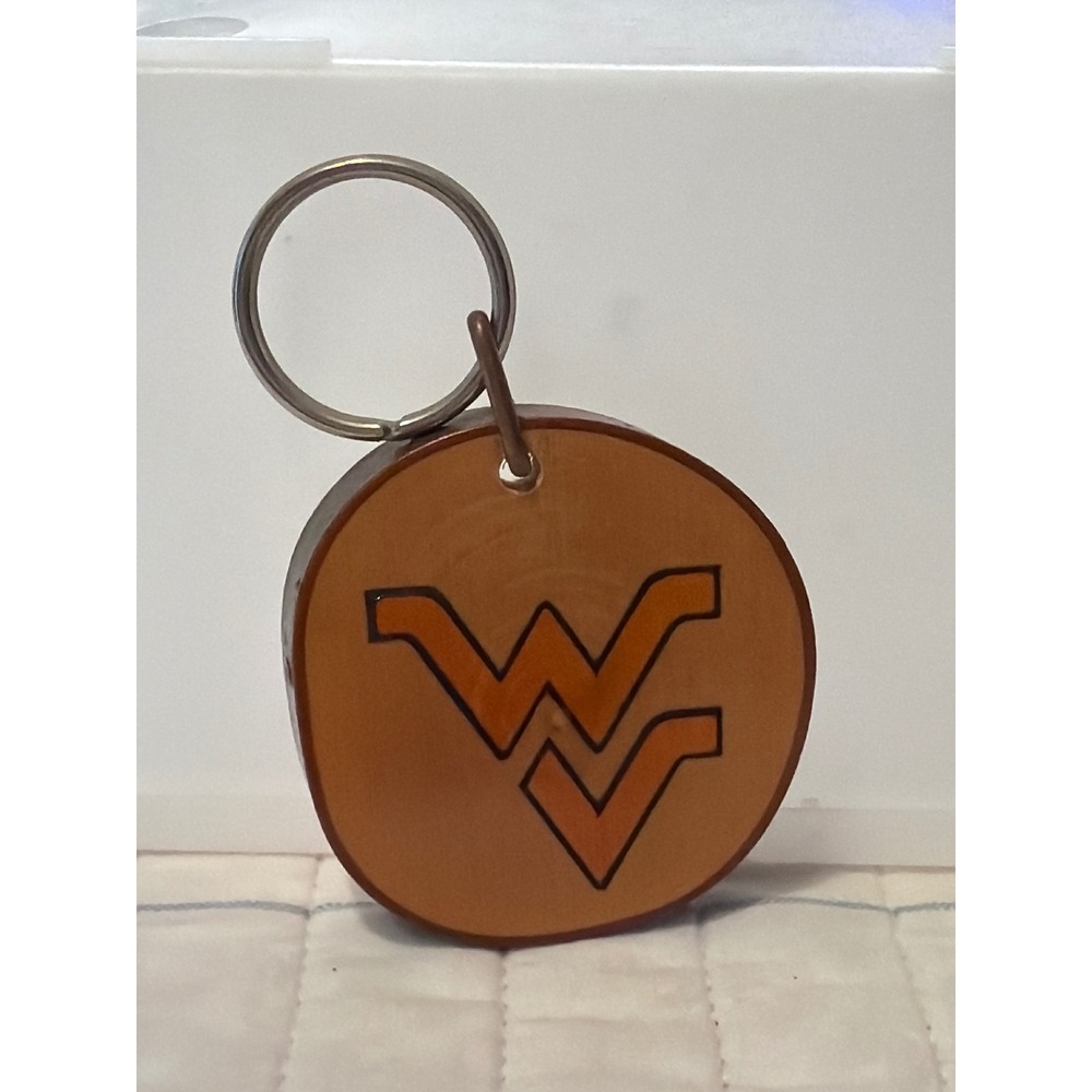 West Virginia Mountaineers Wood Slice Keychain Flying WV Logo Pioneer Village